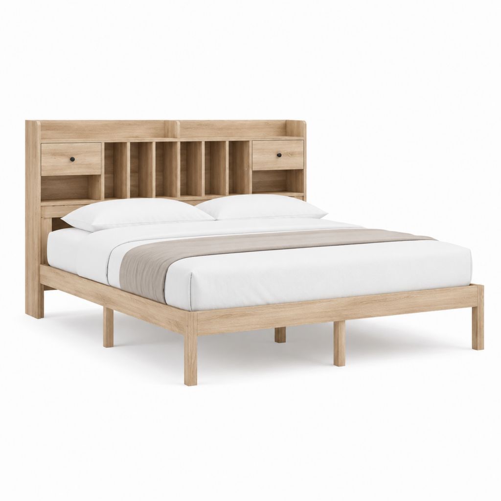 Doppelbett mit Stauraum Kopfteil Natur Eichenholz 160 x 200 cm