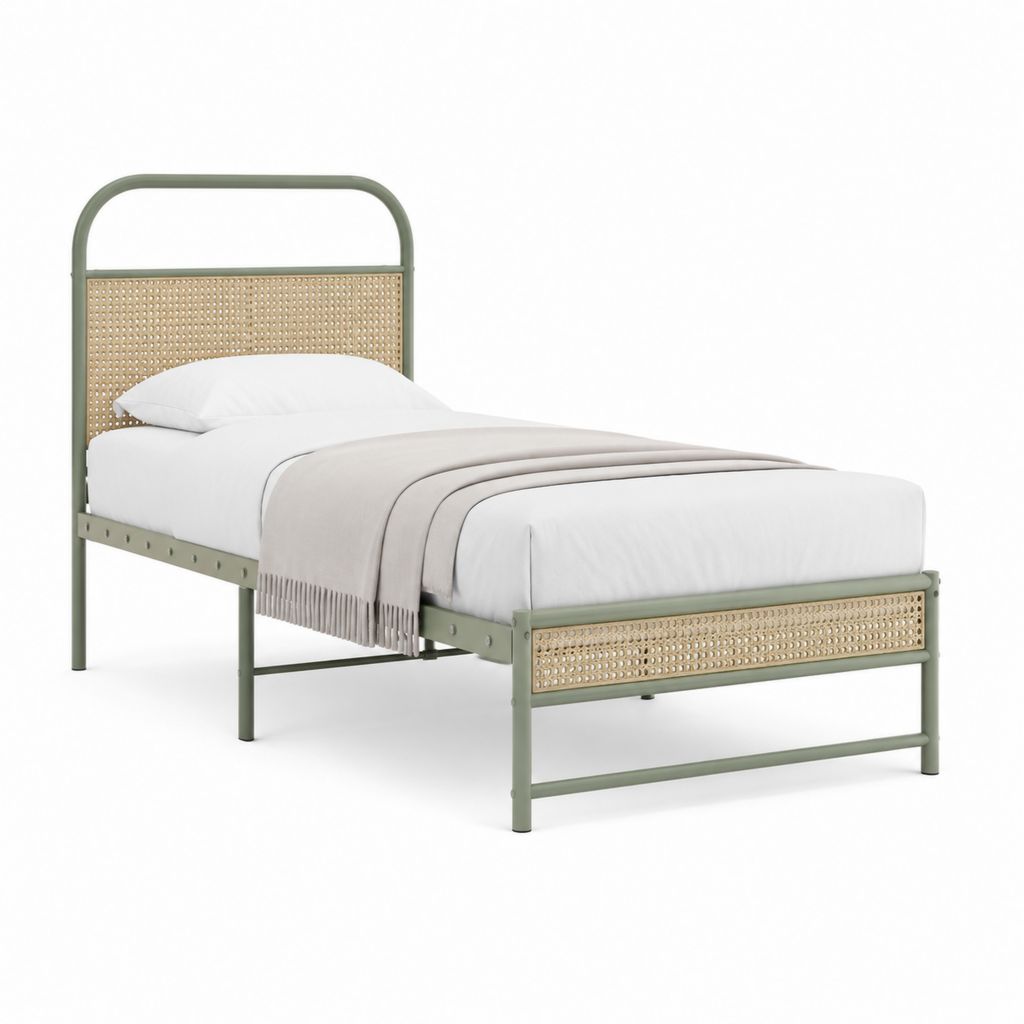 Einzelbett Bettgestell Salbeigrün Stahl Rattan 90 x 200 cm