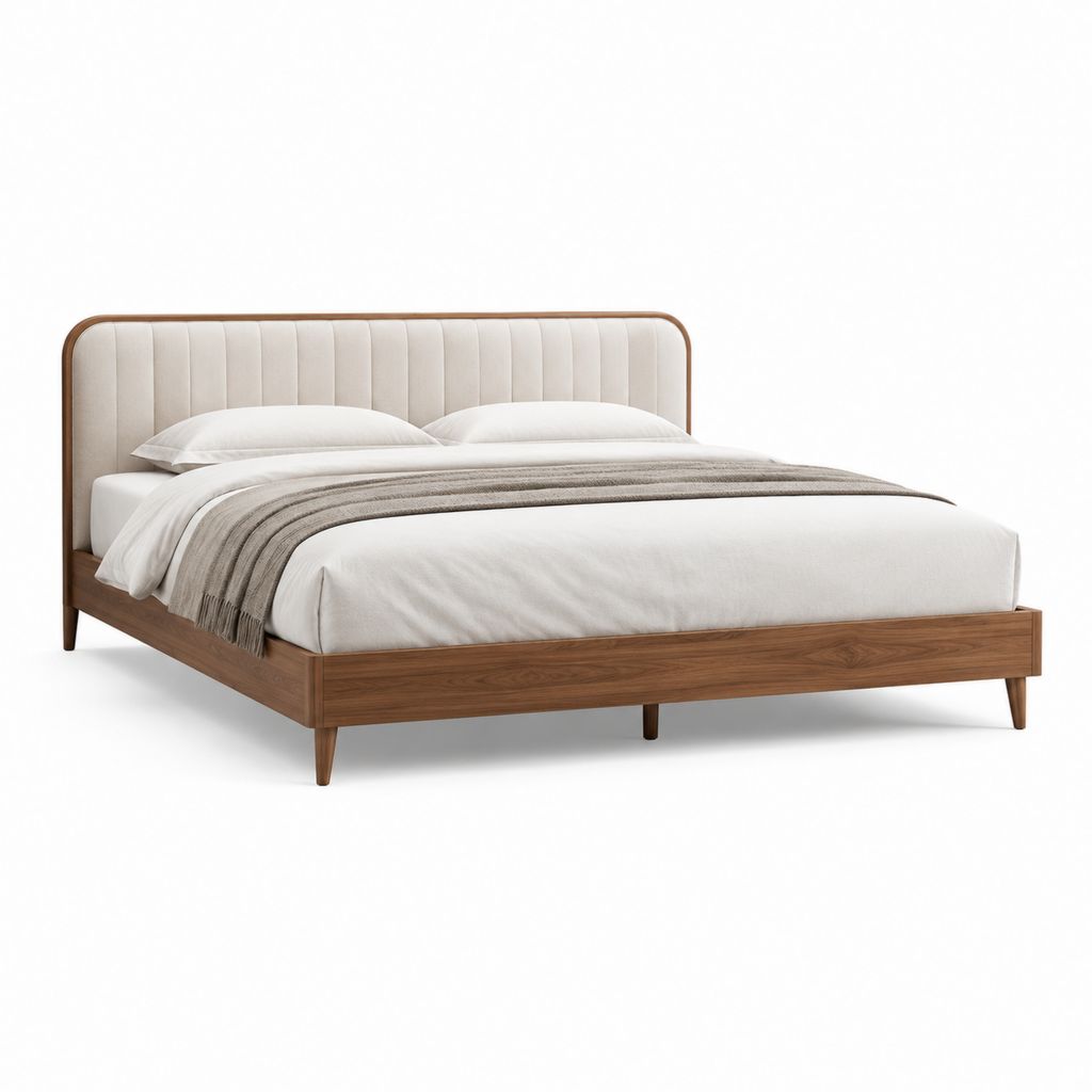 Polsterbett Doppelbett mit Lattenrost Walnussholzfurnier Creme Polyester rechteckig für Matratze 160 x 200 cm