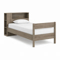 Einzelbett Bettgestell mit Regal Kopfteil in Eiche-Optik aus melaminharzbeschichteter Spanplatte für 90 x 200 cm Matratze 219 x 105 x 122 cm