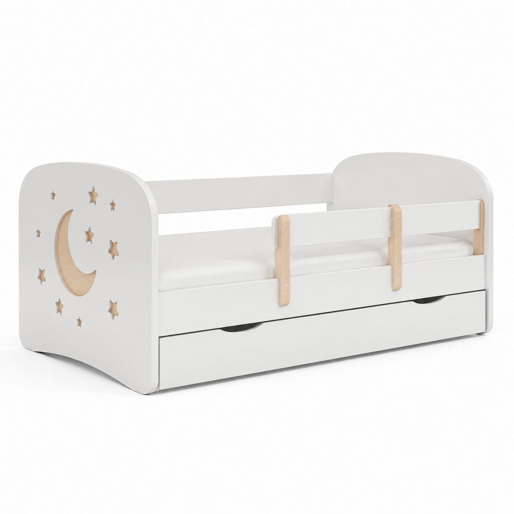 Kinderbett 140 x 70 cm Weiß aus MDF und Buchen-Massivholz rechteckig mit Absturzsicherung und Schublade
