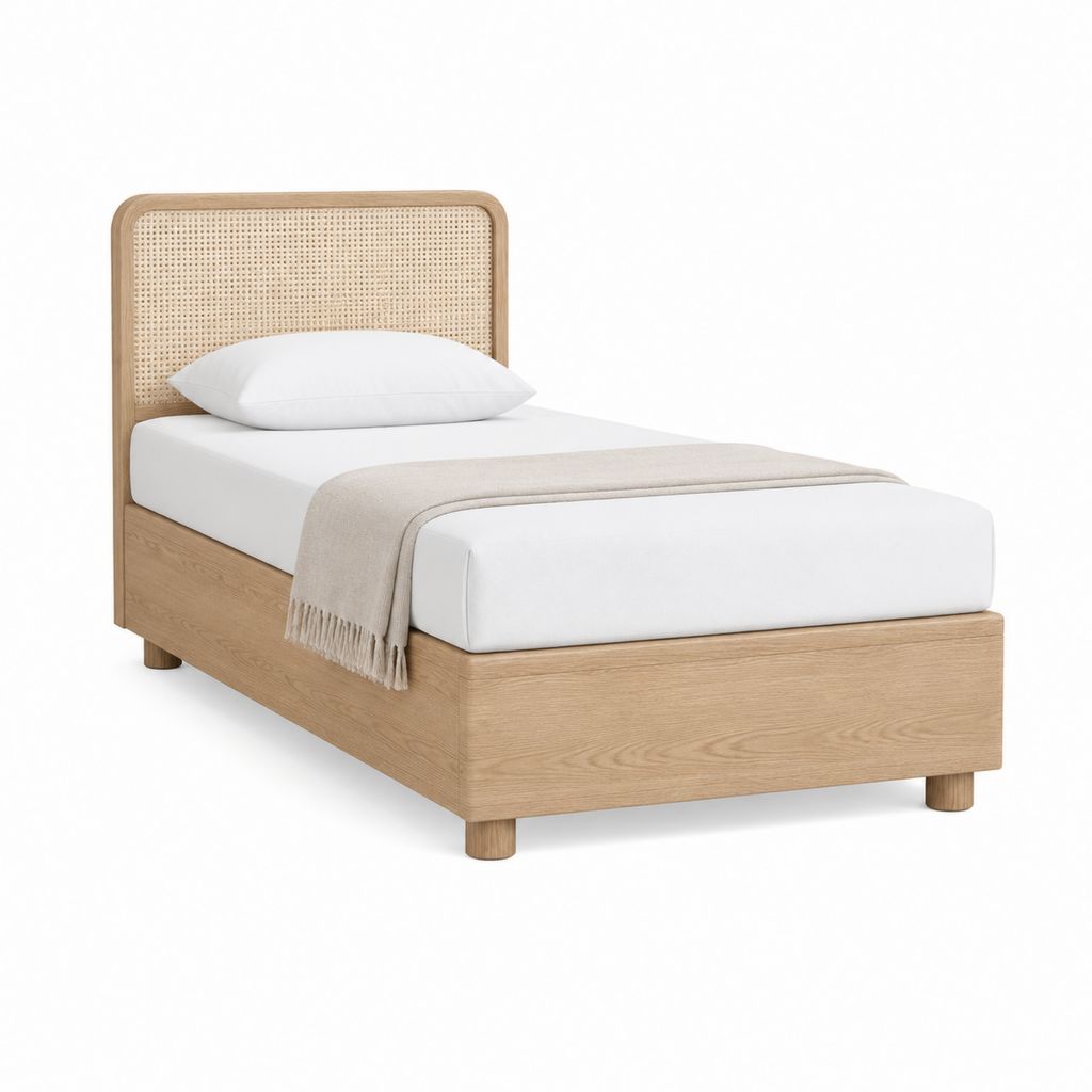 Bettgestell Einzelbett Natur Eichenfurnier Rattan rechteckig 90 x 200 cm