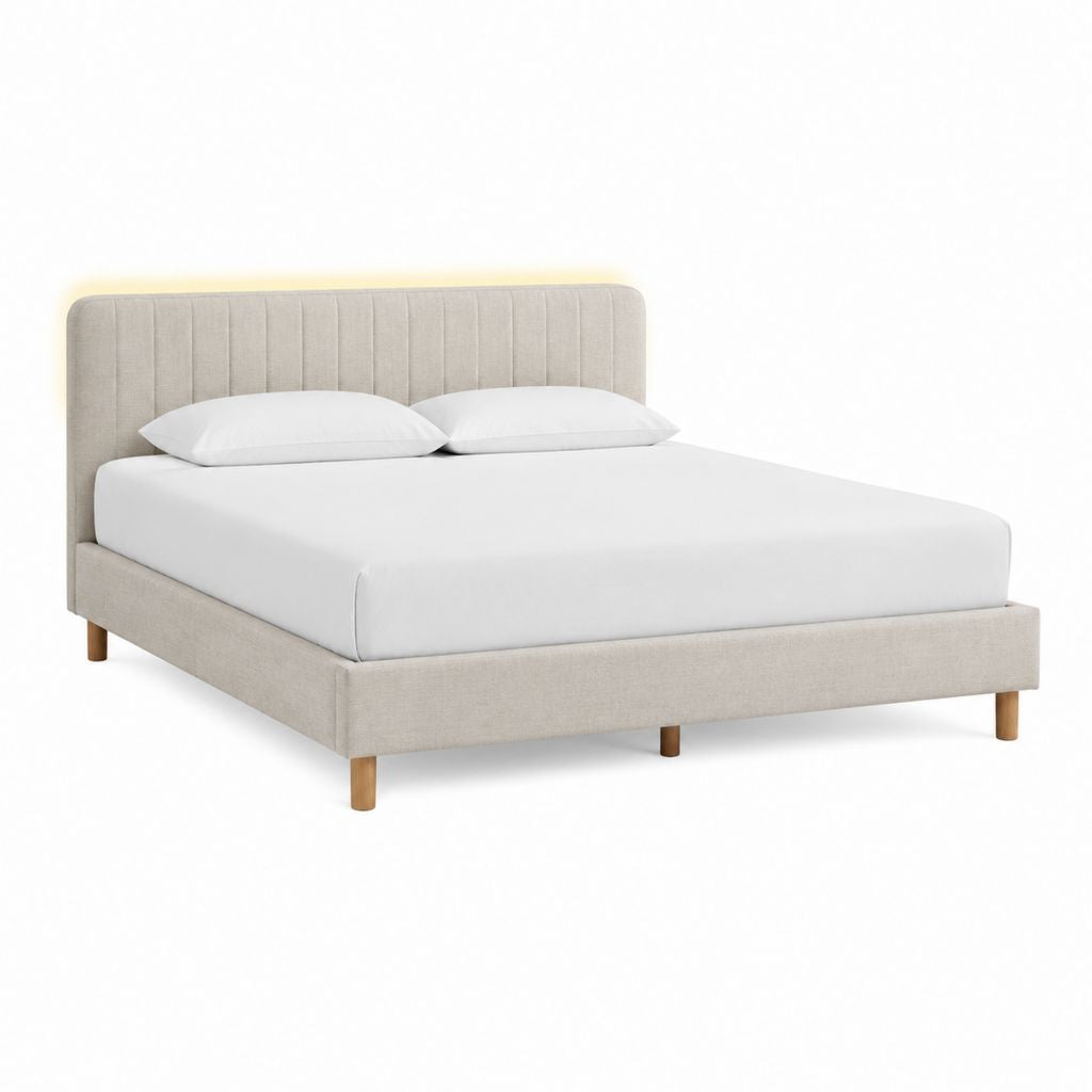 Polsterbett Doppelbett Beige Polyester mit Holzfüßen 160 x 200 cm